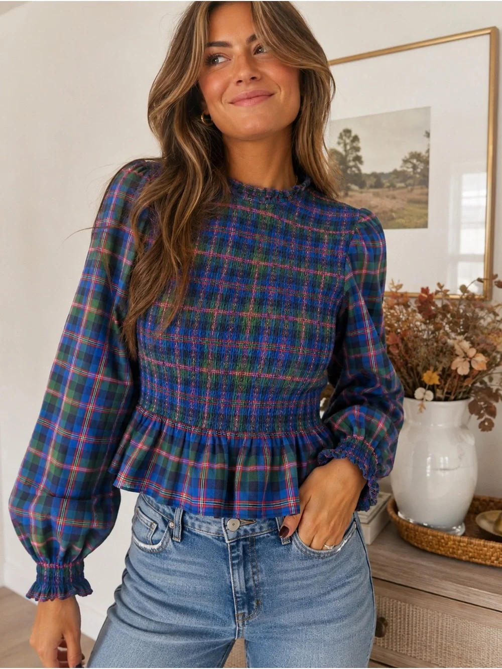 Old Navy Blue & Green Plaid Smocked Peplum Blouse Medium